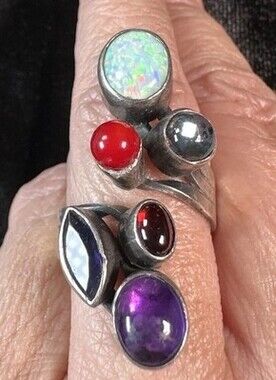 Sterling Silver Multi-Gemstone Statement Ring Signed Navajo Nakai Ring, sz. 7